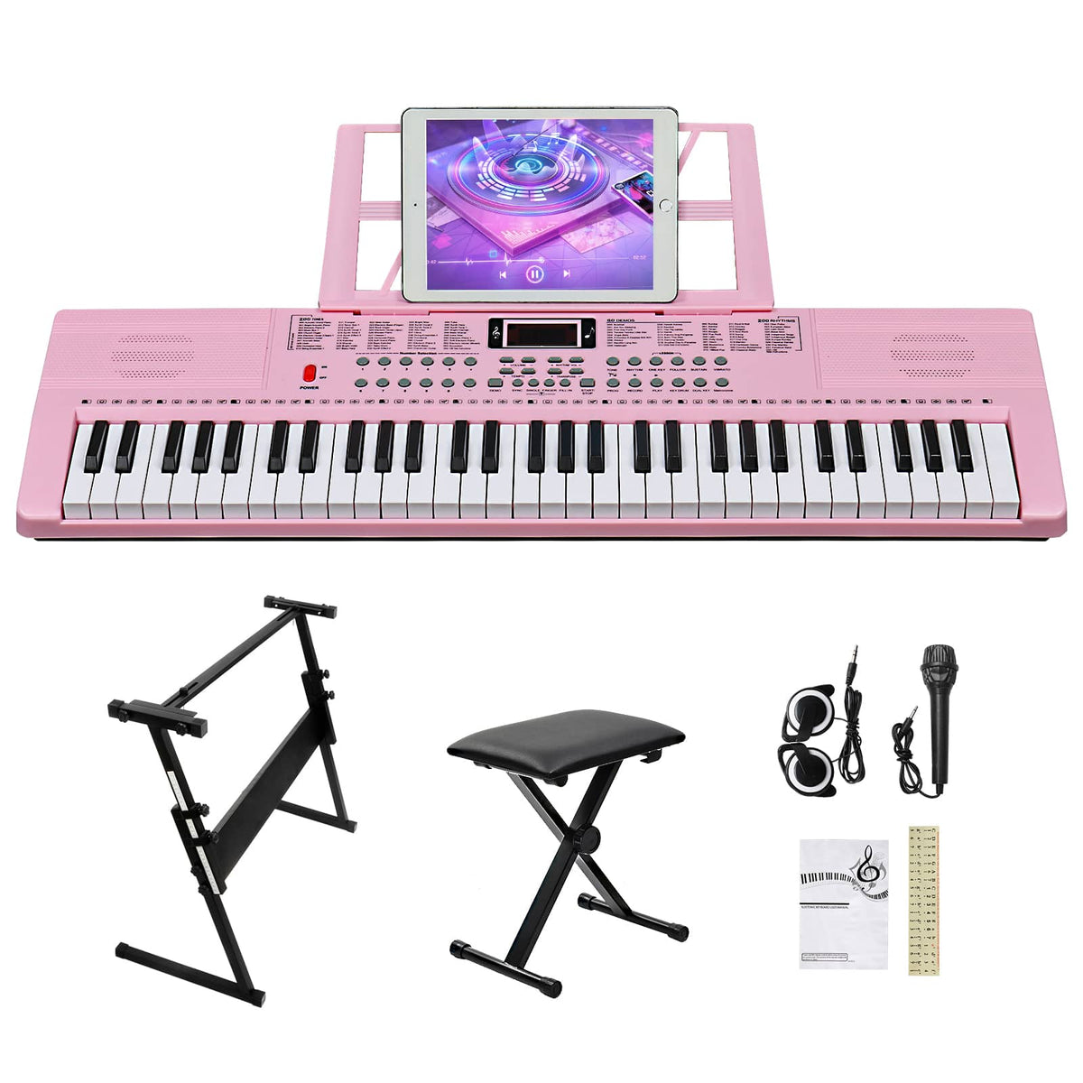 Winado - 61 Key Electronic Keyboard Piano Organ with Headphones, Microphone, Music Rest Stand Stool Earphone for gift