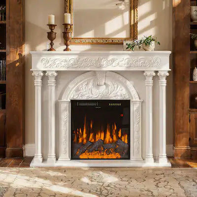 Homsee - Farmhouse Electric Fireplace Mantel Cabinet with Solid Wood Columns, 1500W Heater, Flame Effects for Living Room