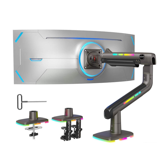 Front. HUANUO - Single Monitor Desk Mount with Mechanical Spring Arm, Integrated LED Light, & Supports up to a 57” Monitor - Black.