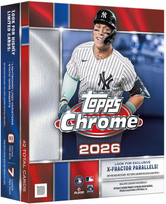 ON) PURCHASE NECESSARY VISIT TOPPS.COM/NPN FOR DETAILS AND ENTRY.) PACKS - WITH SPECIAL INSERT MAY CONTAIN LESS CARDS LIMITED LOOK FOR CARDS: HIGHLY STATIC LIGHTBOARD NOISE INSERTS LOGO VARIATIONS 6 PER PACKS BOX PER CARDS PACK 42 TOTAL CARDS N N LOPPS Chrome 2026 LOOK FOR EXCLUSIVE X-FRACTOR PARALLELS! FOR DETAILS AND ENTRY.) PURCHASE NECESSARY. VISIT TOPPS.COM/NPN (NO CAN ARI MAJOR LEAGUE BASEBALL' BARO OF MAJOR LEAGUE BASEBALL - OFFICIALLY LICENSED PRODUCT Product of MLB Players, Inc. COLLOSTON Officiall