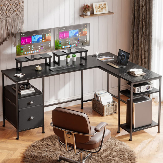 Front. Furnulem - 66 Inch LShaped Computer Desk with Dual Monitor Stands Power Outlet Cabinet  Drawers Metal Base Gaming Writing Desk - Black.