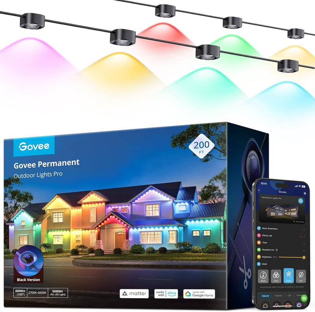 Govee Permanent Outdoor Lights Pro 200 FT  
10:41  
4 Govee Permanent Lights  
Scenes: Music DreamView, Effects List, Timer, SnapShot  
Brightness: 100%  
Black Version  
6000lm (100%)  
2700K-6500K  
50000H (for LED Light)  
Works with Alexa and Google Home  
Matter  
Natural, Festival, Life, Sleep  
Color Temperature: 2700K-6500K