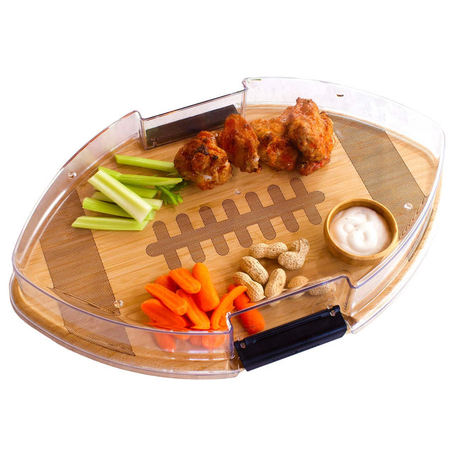 Front. Totally Bamboo - Flip, Serve & Store Football Charcuterie Board with Locking Lid.