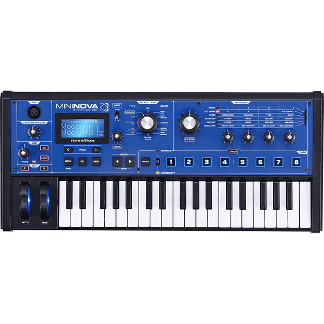 MINI NOVA SYNTHESIZER

SYNTHESIZER
- MASTER VOLUME
- ADD
- LATCH
- MENU
- OK
- SAVE
- PAGE
- DATA
- PATCH
- RECALL
- PITCH
- MOD

Vocoder
Voc/MFX
novation 4

PERFORM
- TYPE
- SELECT/EDIT
- ALL
- OCT
- BANK
- HOLD
- PADS
- 1 2 3 4 5 6 7 8

FILTER
- FILTER ENV
- FILTER BY
- ATTACK
- DECAY
- SUSTAIN
- RELEASE
- FILTER BY
- AMOUNT

GENRE
- TWINK
- FILTER ENV
- ATTACK
- DECAY
- SUSTAIN
- RELEASE
- FILTER BY
- AMOUNT

SORT
- TYPE
- BANK
- PAGES

MIC
- MIC

SOFTKEYS
- 1 2 3 5 7

PITCH
- PITCH

MOD
- MOD

PITCHBEND