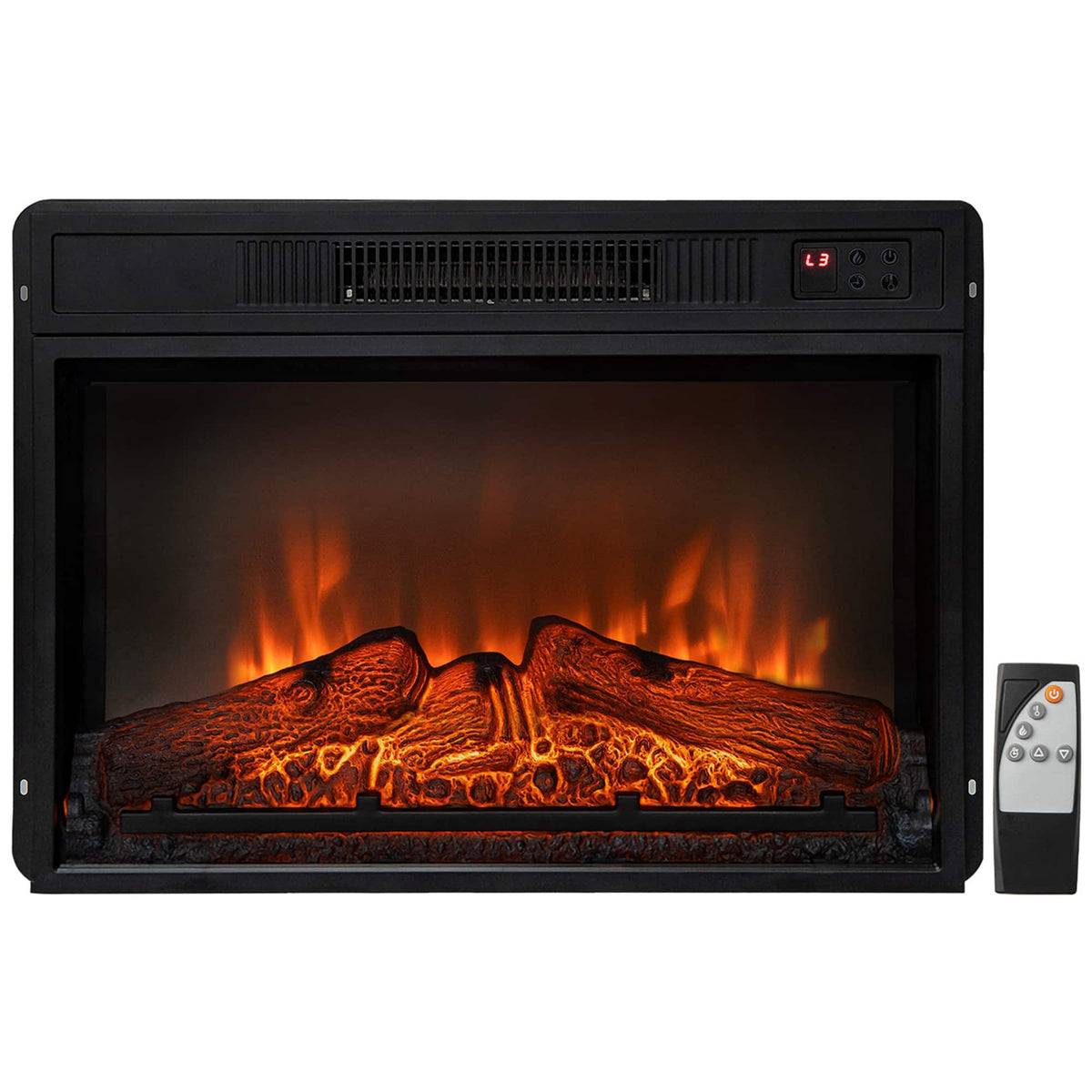 Costway - 23" Electric Fireplace Insert Heater w/ Log Flame Effects Remote Control 1400W - Black