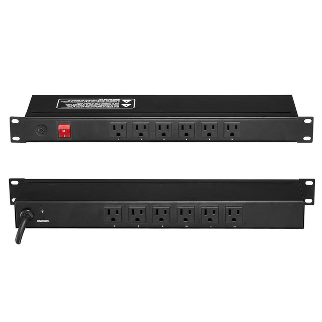 Front. VEVOR - 1U PDU, 12 Outlets, Rack Mount Power Strip Fits Standard 19" Server Racks, with Integrated Switch Surge Protection - Black.