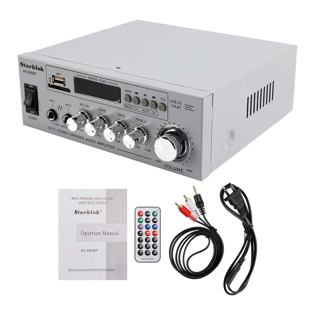 Starklok 8088-VA AV-660BT MPS 50 DIGITAL PLAY ON HOOF HA I NI W o MICT MIC2 MIC VOL RADIO -ll- ECHO CN- AUTO POS CH BASS POWER TREBLE MC W-F INPUT STEREO MIN KARAOKE MIN AUDIO 4 AMPLIFIER

~72:48 USB.S 5D FM.BT MM VOLUME MAX MP3 POWER AMPLIFIER INSTRUCTIONS

Starklok Operation Manual

AV-660BT