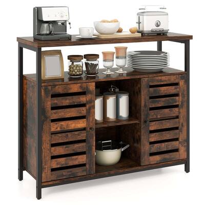 Costway - Buffet Cabinet Industrial Sideboard Storage Cabinet with Push-to-Open Slatted Door