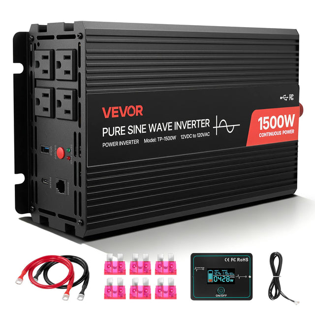 VEVOR PURE SINE WAVE INVERTER 12VDC to 120VAC  
Model: TP-1500W  
POWER INVERTER  
1500W CONTINUOUS POWER  
CE FC RoHS  
- OUTPUT 12.4V 8V 50mA  
www.al...0428  
ON/OFF
