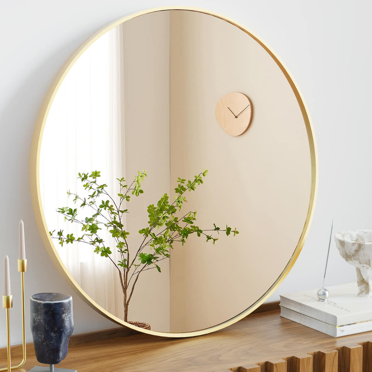 Bestier - 24 in. Round Wall Mirror for Over Sink, Circle Mirror for Bathroom, Entryway, Bedroom, Vanity - Gold