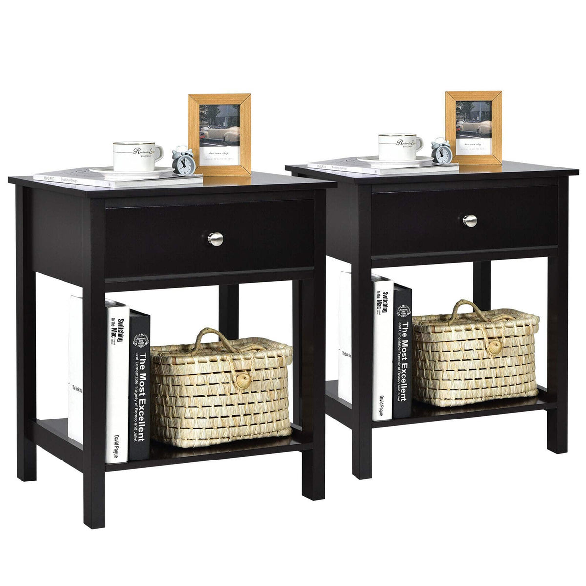 Costway - 2PCS 2-Tier Nightstand Modern Side End Table with Drawer & Open Shelf - Black
