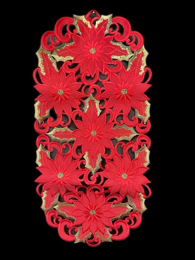 Front. Jiallo - Poinsettia and Green Leaf Embroidered Cutwork Rectangular Table Runner, 15 by 34 inch Table Linen - Red.