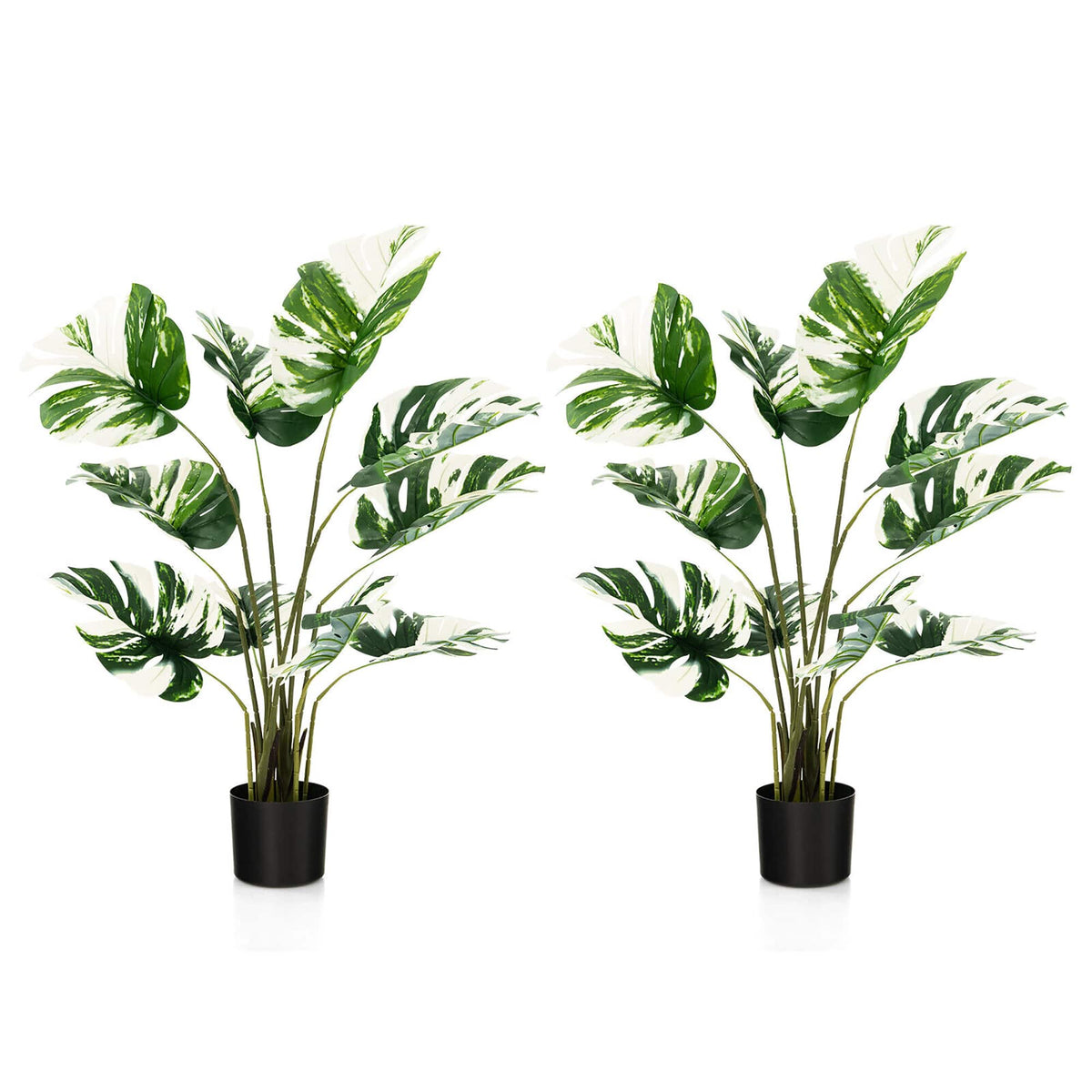 Gymax - 4FT Artificial Monstera Deliciosa Tree 2-Pack Fake Plant Faux Tree for Decor - Green + White + Black