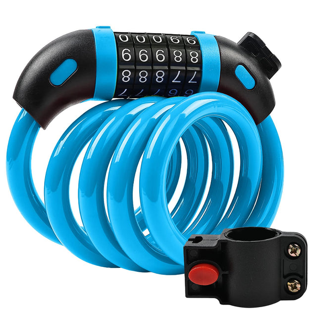 Front. Fosmon - Bike Lock Cable 4ft Bike Locks Heavy Duty Anti Theft 5-Digit Combination Lock, Bicycle Lock Cable with Mounting Bracket - Blue.