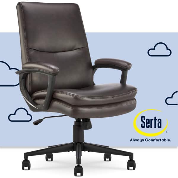 Serta - Executive Office Chair with Curved Lumbar Support Mid-Back Padded Armrests Adjustable Height Reclining Swivel Leather - Brown