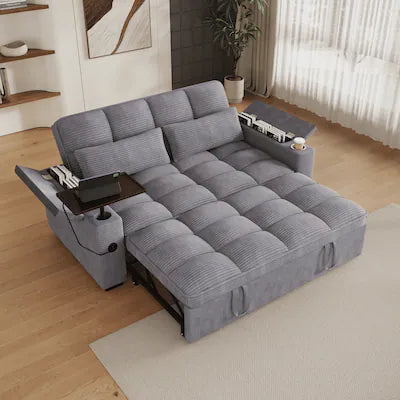 Anysun - 65" 3-in-1 Corduroy Convertible Sofa Bed - Pullout Design with 360° Swivel Table, Easy Assembly for Living Room
