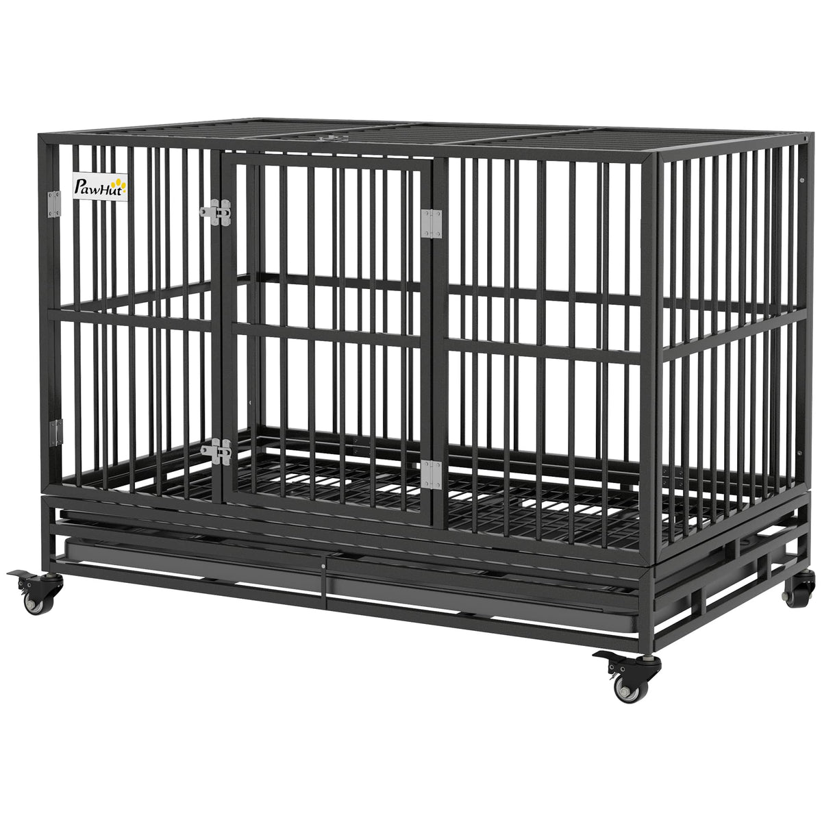 Pawhut - Heavy Duty Dog Crate Metal Cage Kennel with Lockable Wheels - Gray