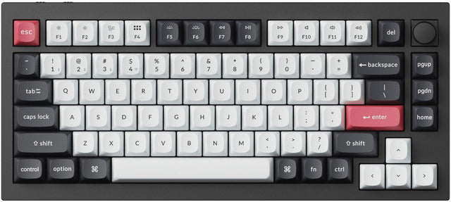 The image shows a close-up of a black and white keyboard with a red key. The text on the image includes the following keys:

* esc
* F1
* F2
* F3
* F4
* F5
* F6
* 44
* F7
* DII
* F8
* DD
* F9
* F10
* F11
* F12
* del
* !
* 1
* 2
* #
* 3
* $
* 4
* %
* 5
* 6
* 7
* +
* 8
* (
* 9
* 0
* -
* =
* backspace
* pgup
* tab
* Q
* W
* E
* R
* T
* Y
* U
* I
* O
* P
* [
* ]
* I/
* pgdn
* caps lock
* S
* D
* F
* G
* H
* J
* K
* L
* :
* ;
* 1
* enter
* home
* shift
* Z
* X
* C
* V
* N
* M
* <
* >
* ?
* /
* shift
* control
* 