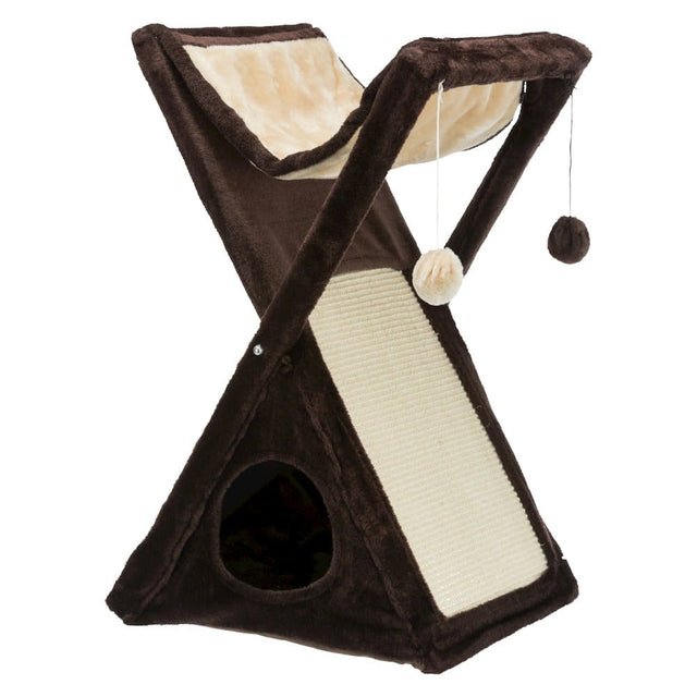 Front. TRIXIE - Miguel Fold & Store Plush & Sisal Cat Tree, Hammock, Condo, Scratcher - Brown.