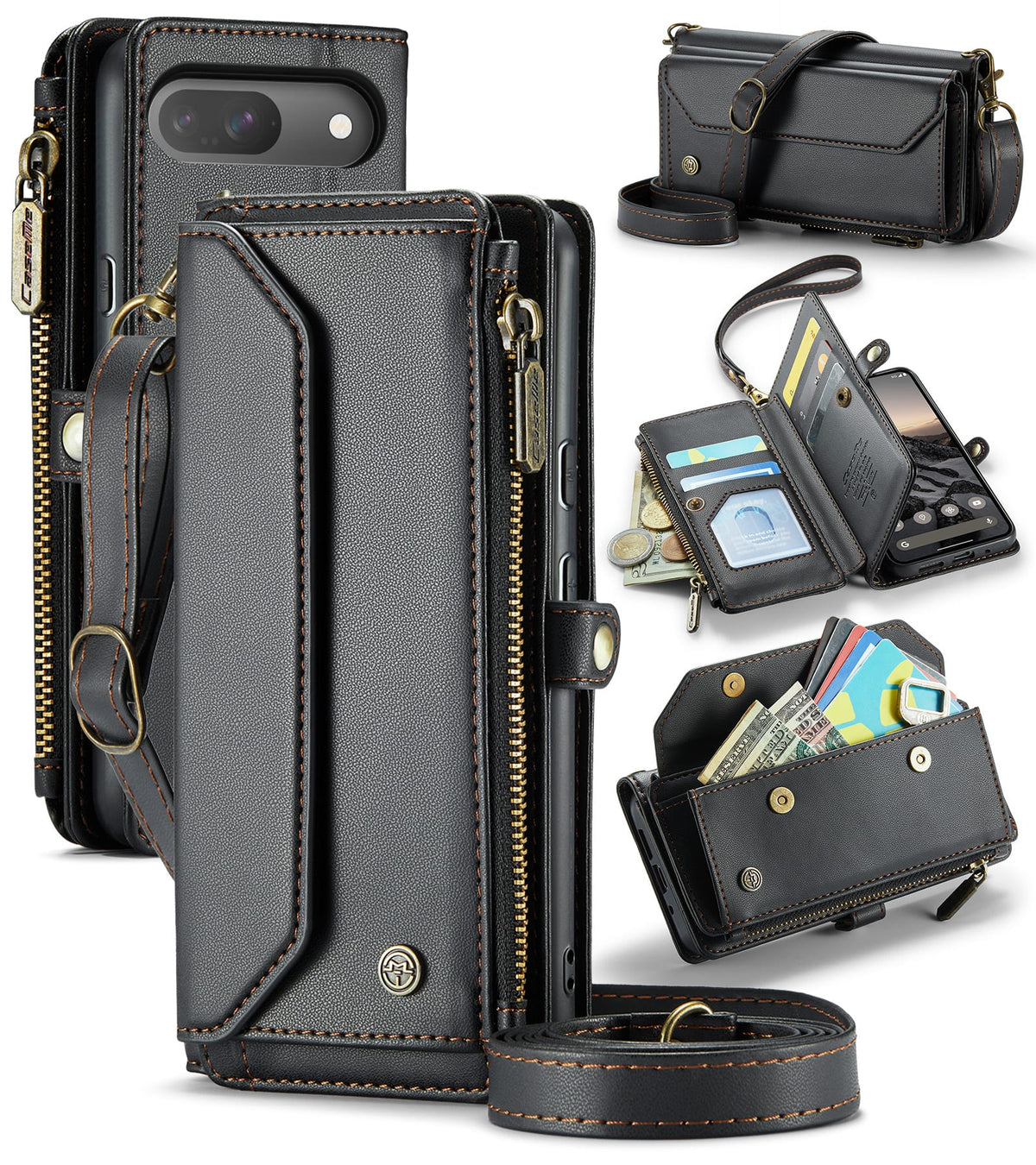 Dteck - Crossbody Wallet Case for Google Pixel 10 Pro with Card Slots and Zipper Pocket, RFID Blocking PU Leather Cover - Black
