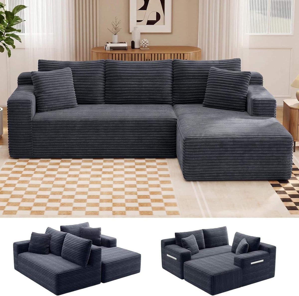 Anysun - 94.5" Modern Minimalist Right Facing L-Shaped Upholstered Sectional Couch with Chaise, No Assembly Required - Gray