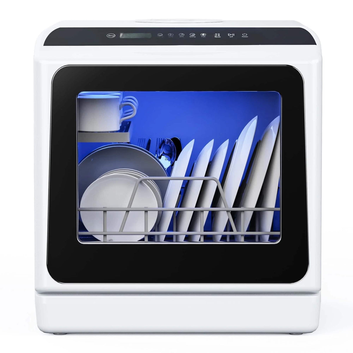 SIMZLIFE - Portable Mini Countertop Dishwasher - 5-Liter Built-in Water Tank, 5 Washing Programs, Air-Dry Function, 4 Place Setting - Black&White