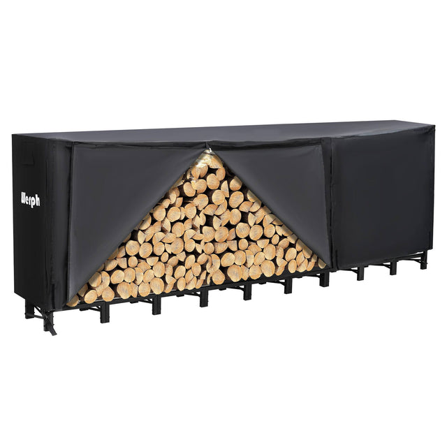 Front. Werph - 12FT Heavy Duty Outdoor Firewood Rack with Weatherproof Cover Elevated Log Storage for Indoor and Outdoor Use - Black.