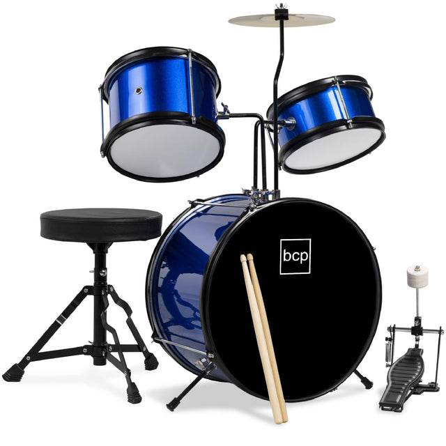 Front. Best Choice Products - Best Choice Products Kids 3-Piece Beginner Drum Set with Sticks, Cushioned Stool and Drum Pedal - Blue/Black - Blue & Black.