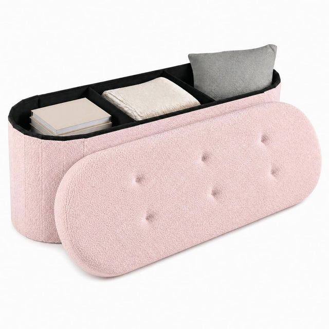 Front. Costway - Costway Storage Ottoman Bench 43" Oval Ottoman with Dividers Folding Teddy Boucle Footrest - Pink.