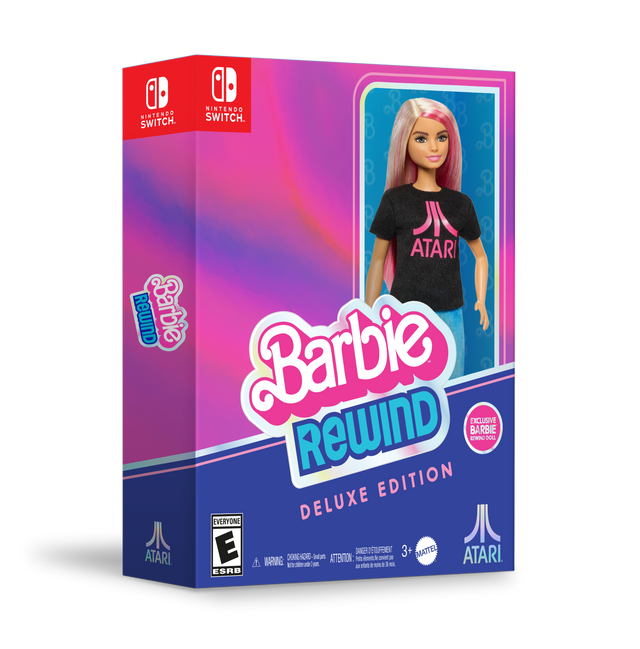 NINTENDO SWITCH. NINTENDO SWITCH. B B B O ATARI ReWiND Barbie Barbie EXCLUSIVE REWIND BARBIE OWNN SOLL EDITION EVERYONE DELUXE ATARI E WARNNG 200L E dm HOR d 3nd dia ATTENTON: SANGER B deet 1 ETOUFFBMENT - 3 cht a 3 - a 3+ EMATTEL ATARI. ESRB