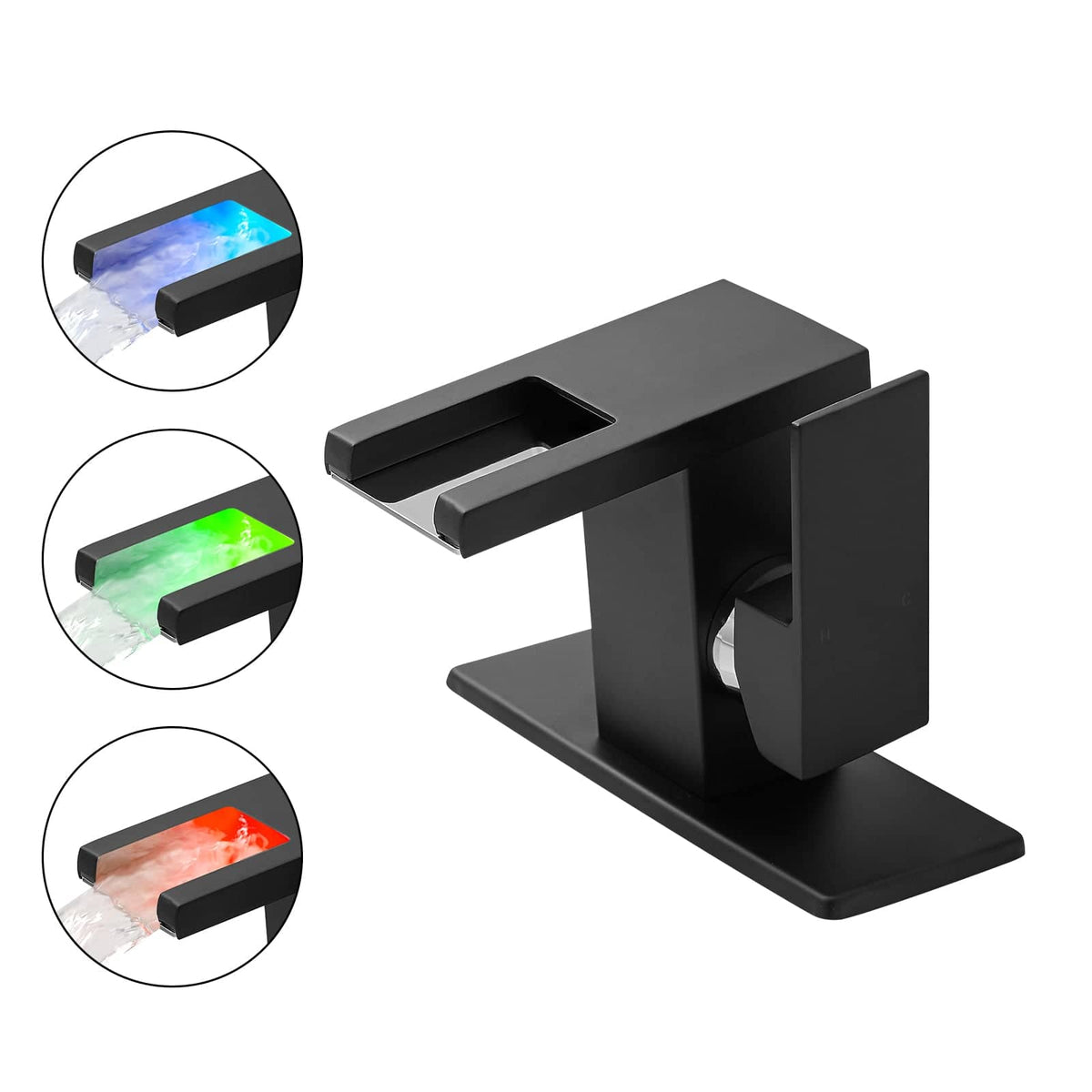 Boyel Living - Single Handle Single Hole Bathroom Faucet with Deck Plate LED Temperature Sensor Waterfall Spout - Matte Black