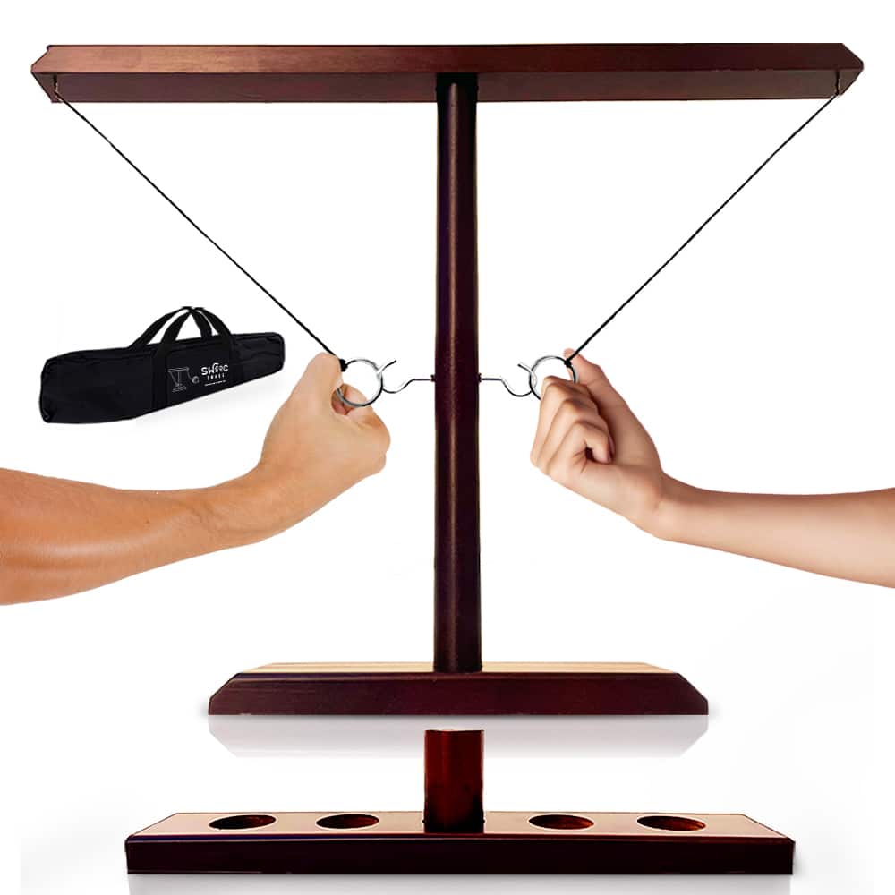 Swooc Games - Battle Hooks - XL 2 Player Hook and Ring Game with Shot Ladder - 5+ Games Included - 20 Second Set Up - Ring Toss Game - Brown