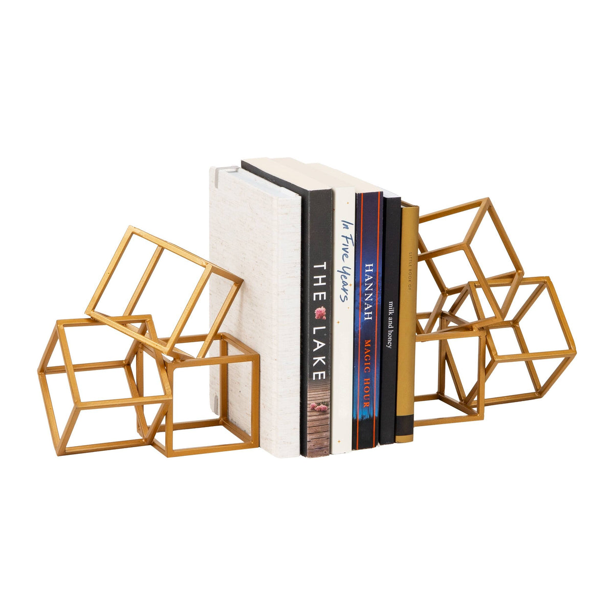 Mind Reader - Decorative Geometric Cube Bookends, Modern Book Holders, Office Decor, Metal, Set of 2 - Gold
