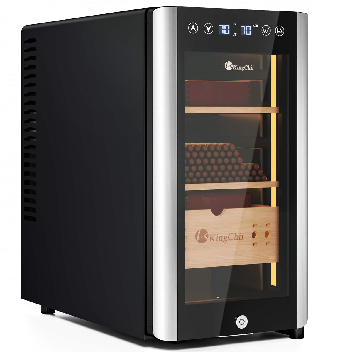KingChii - Pro 25L semiconductor Electronic Temp & Humidity Control with Spanish Cedar Wood - 180 Cigars Capacity - Silver