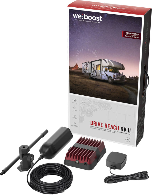 The image features a box of a cell phone booster, which is designed to improve the signal strength of cell phones. The box contains a cell phone booster, a power supply, and a coaxial cable. The booster is intended to enhance the reception of cell phone signals, making it easier to use cell phones in areas with weak or unreliable signal coverage. The product is suitable for use in RVs and other vehicles, as well as in homes and other locations where cell phone reception may be limited.