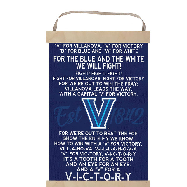 "V" FOR VILLANOVA, "V" FOR VICTORY "B" FOR BLUE AND "W" FOR WHITE FOR THE BLUE AND THE WHITE WE WILL FIGHT! FIGHT! FIGHT! FIGHT! FIGHT FOR VILLANOVA, FIGHT FOR VICTORY FOR WE'RE OUT TO WIN THE FRAY: VILLANOVA LEADS THE WAY, WITH A CAPITAL 'V' FOR VICTORY. Est V 1842 FOR WE'RE OUT TO BEAT THE FOE SHOW THE ENEMY WE KNOW HOW TO WIN WITH A 'V' FOR VICTORY. VILL-A-NO-VA, V-I-L-L-A-N-O-V-A "V" FOR VIC-TORY, V-I-C-T-O-R-Y IT'S A TOOTH FOR A TOOTH AND AN EYE FOR AN EYE. AND A "V" FOR A V-I-C-T-O-R-Y