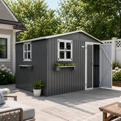 Anysun - 10x8 FT Outdoor Metal Storage Shed with Window & Flower Rack – Lockable Double Doors Tool Shed, Waterproof Weatherproof
