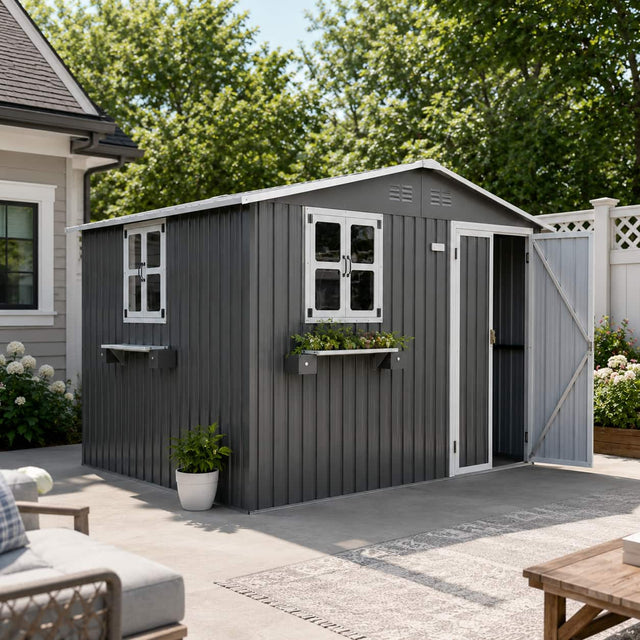 Front. Anysun - 10x8 FT Outdoor Metal Storage Shed with Window & Flower Rack – Lockable Double Doors Tool Shed, Waterproof Weatherproof - Gray.