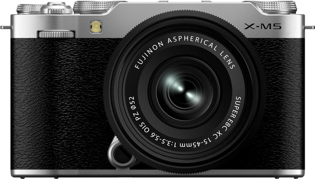 The text on the image reads: "X-M5 ASPHERICAL FUJINON LENS 52 SUPER PZ OIS BC O 1:3.5-5.6 15-45mm."
