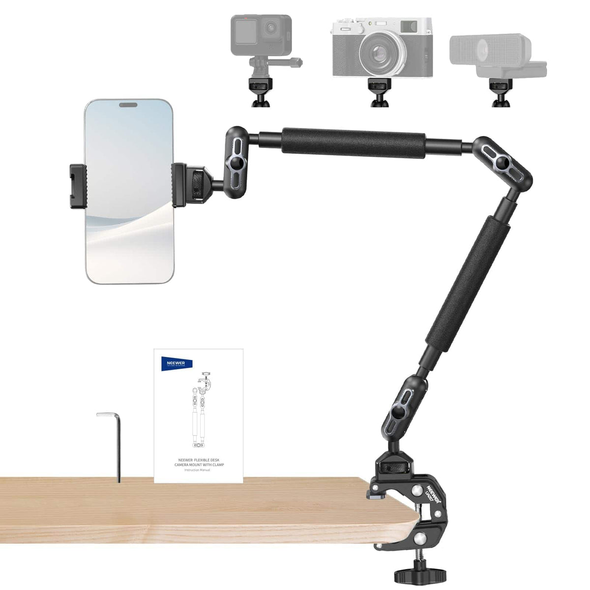 Neewer - 22" Magic Arm with C-Clamp - Adjustable Overhead Mount for Camera, Light, Mic & Phone on Desk - Black