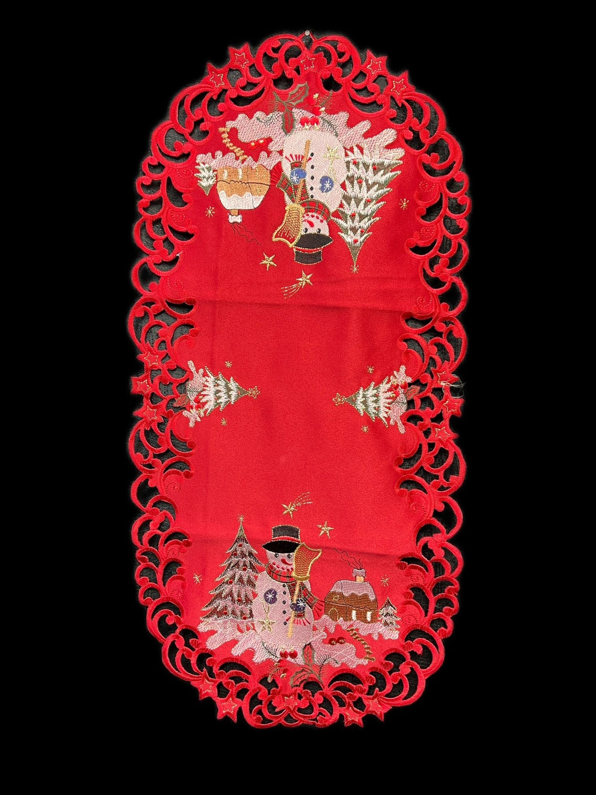 Jiallo - Snow Man Embroidered Cutwork Rectangular Table Runner, 15 by 70 inch Table Linen - Red