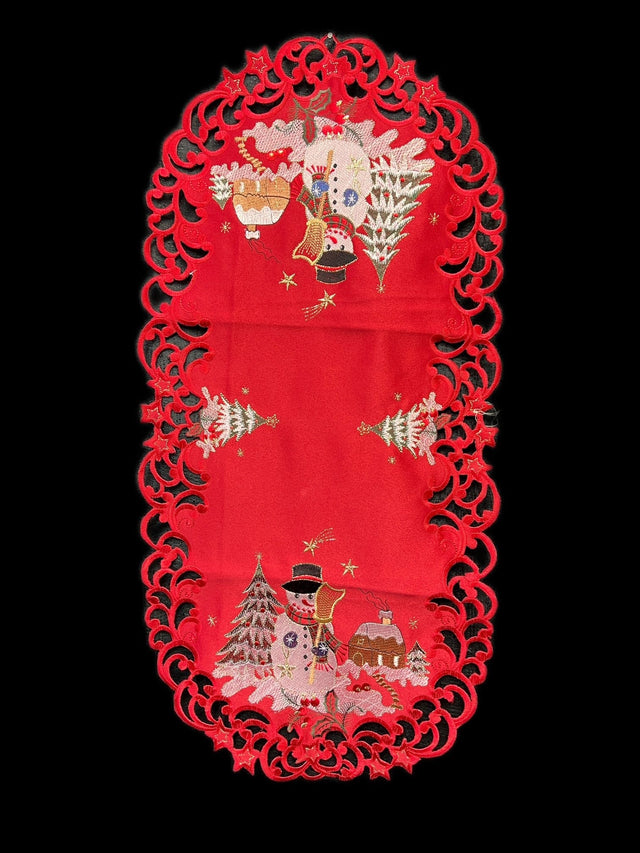 Front. Jiallo - Snow Man Embroidered Cutwork Rectangular Table Runner, 15 by 70  inch Table Linen - Red.