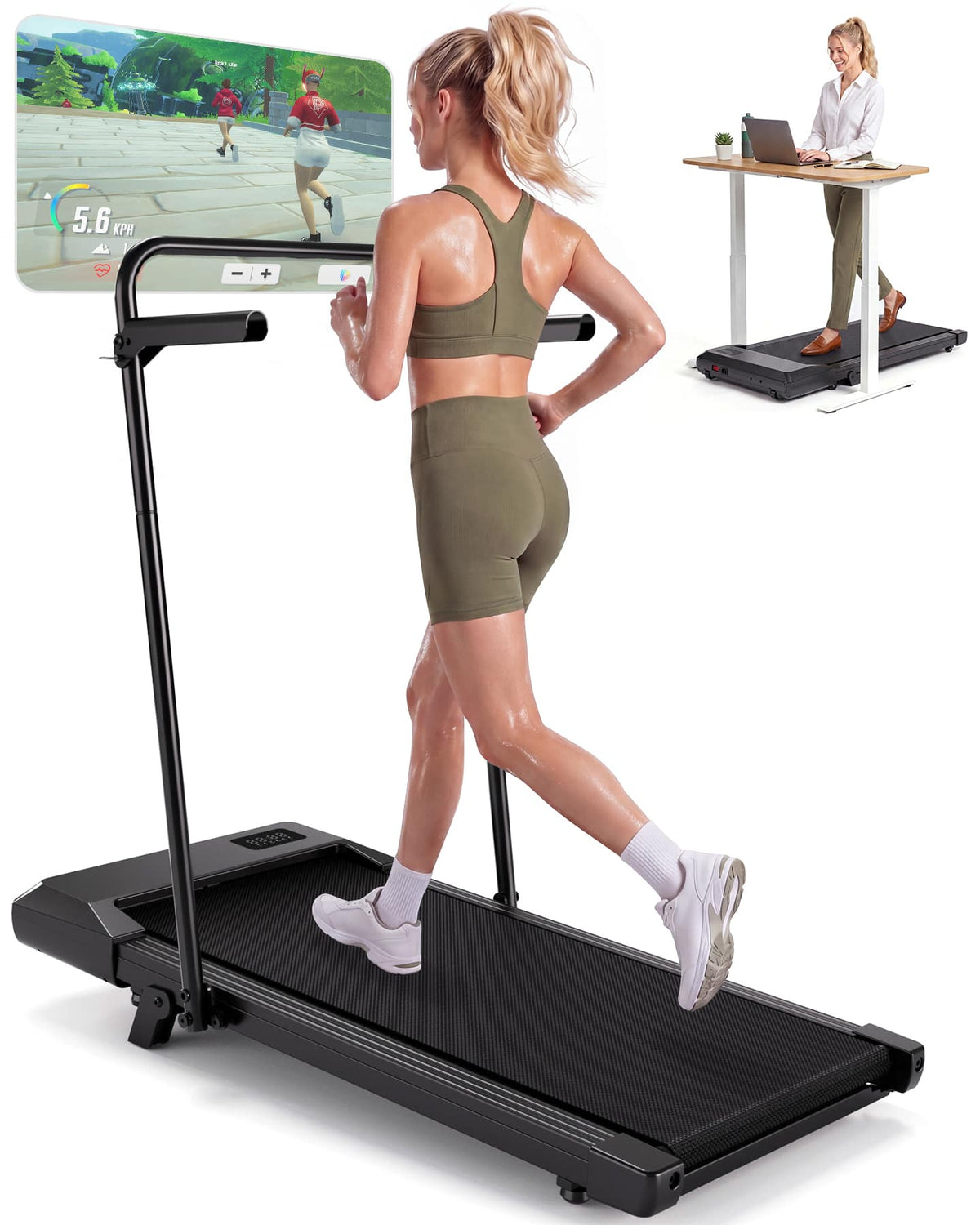 Superun - Walking Pad Treadmill with Incline and Handle Bar, 4-in-1 Foldable Under Desk Treadmills - Black