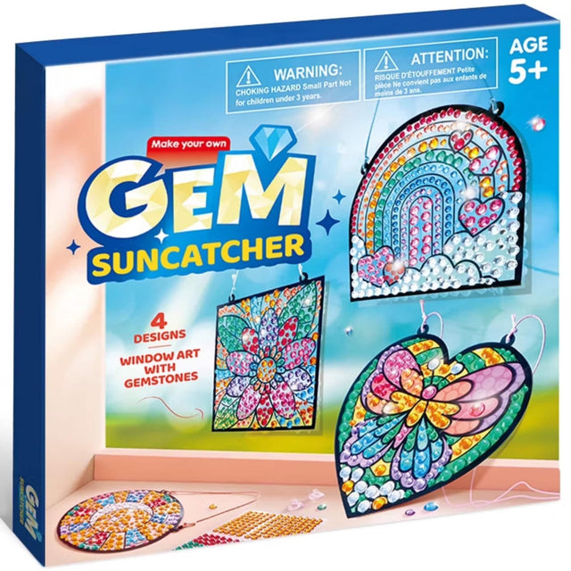 AGE 5+  
ATTENTION: WARNING: D'TOUFFEMENT Petite Small Part Not RISQUE D'ÉTOUFFEMENT Petite place Ne convient pas aux enfants de moins de 3 ans under 3 years.  
Make your own GEM SUNCATCHER  
4 DESIGNS WINDOW ART WITH GEMSTONES