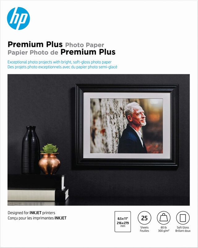 Front. HP - Premium Plus Soft Glossy 8.5" x 11" Inkjet Photo Paper - 25 Count - White.