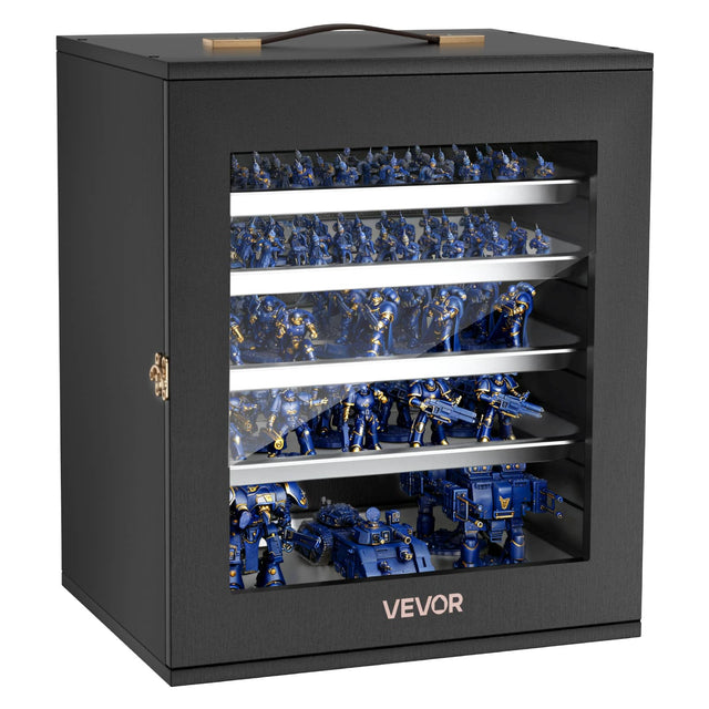 Front. VEVOR - Miniatures Storage Case, Fits for 1:1750-1:2000 Scale Models, Wooden Miniatures Display Holder with 5 Tray & 13 Slots - Black.