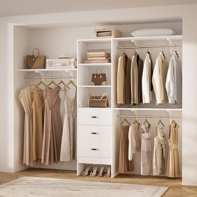 Front. Aheaplus - 20.2'' - 96'' W Closet System, Walk In Closet Organizer with 3 Shelving Towers, 3 Hanging Rods, and 3 Drawers, 75'' High - White.