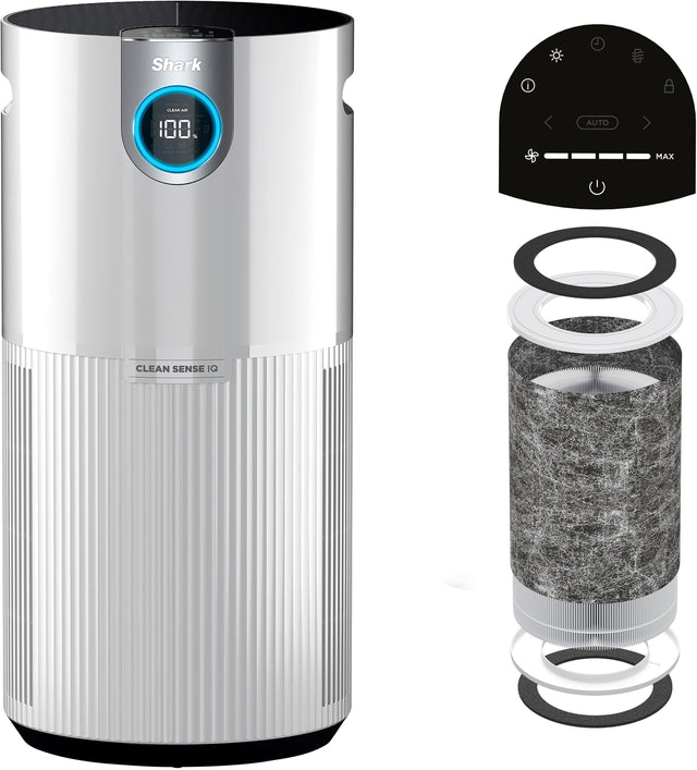 The image features a Shark Ionic Air Purifier, which has a 100% Auto Max Clean Sense. The air purifier is designed to provide efficient air purification and is accompanied by a filter and a fan. The filter is shown in the image, along with the air purifier and fan.