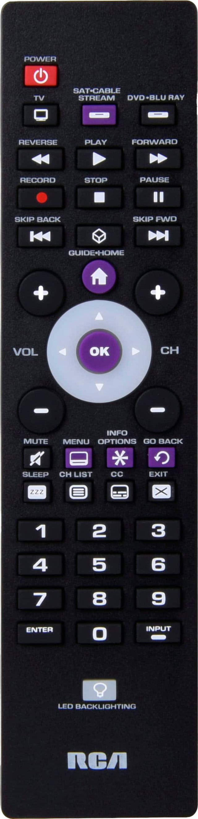 POWER TV SAT-CABLE STREAM DVD-BLU RAY REVERSE PLAY FORWARD RECORD STOP PAUSE SKIP BACK SKIP FWD GUIDE-HOME + + VOL OK CH INFO MUTE MENU OPTIONS GO BACK SLEEP CH LIST cc EXIT Zzz 1 2 3 4 5 6 7 8 9 ENTER O INPUT LED BACKLIGHTING RCA