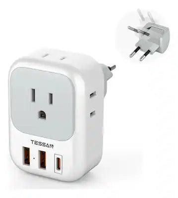 TESSAN - European Travel Plug Adapter 4 Outlets 3 USB (1 USB C PD 20W) Portable for EU Spain France Italy Germany Portugal